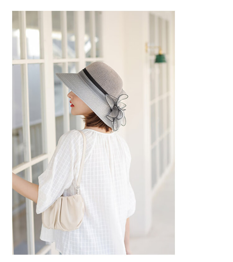 GLO-STORY Organza Women's Sun Protection Hat Lace Pearl Elegant Breathable Straw Top Fisherman Hat for Outings 12
