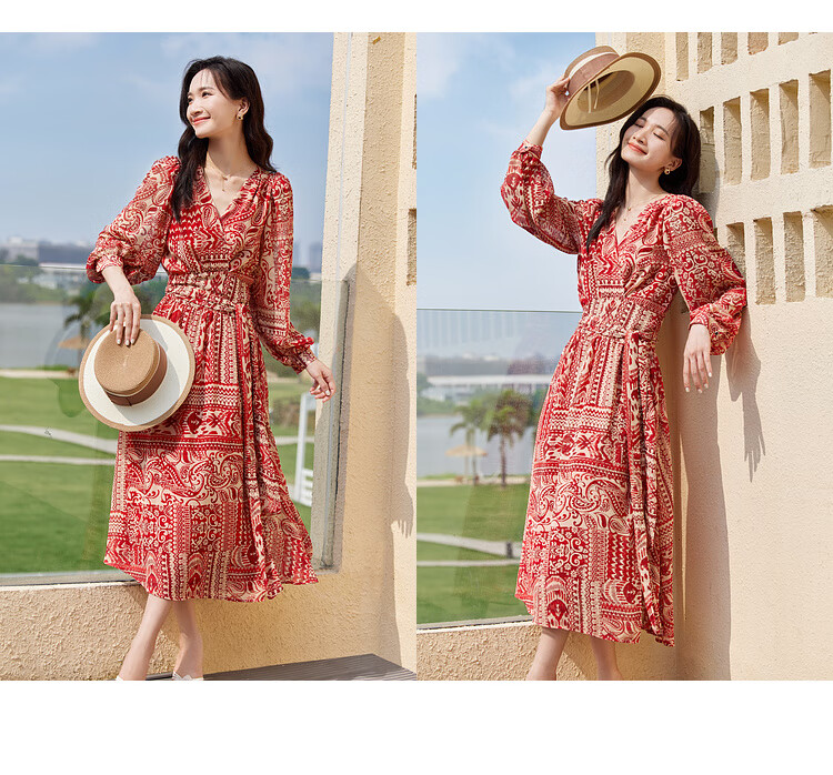 Sentubila Spring And Autumn Mid-Length Floral Print Red Dress, Elegant Goddess Style Slimming Vacation Dress, Red Floral Pattern, Size S 15