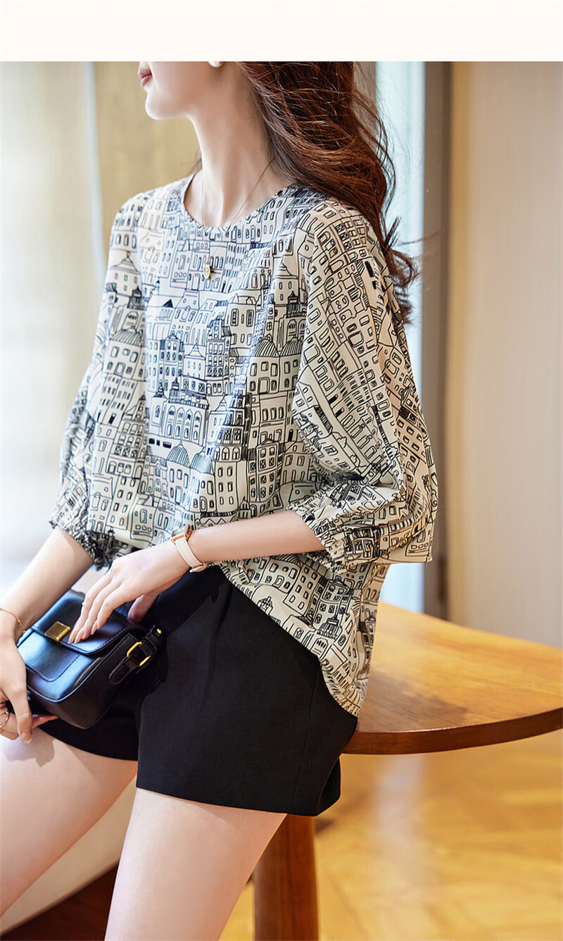 Dme [Wandering Cities] Summer Design Line Architecture Print Shirt, Smooth Composite Silk Floral Yao Blouse Women's Top 10