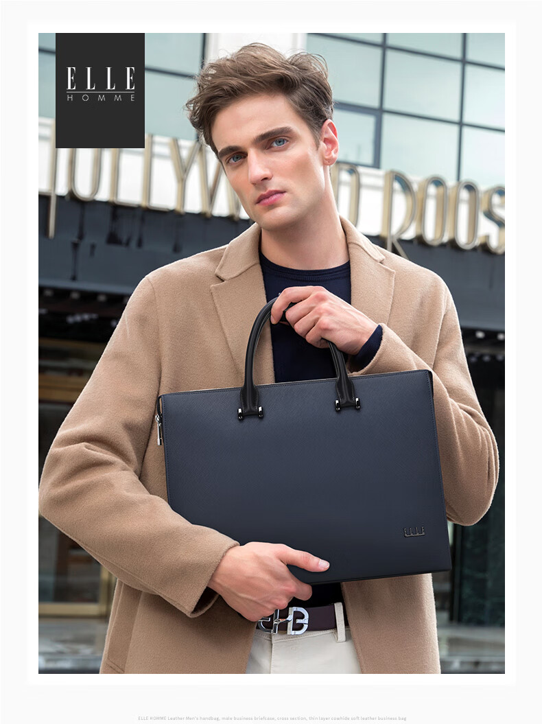 ELLE HOMME Men's Business Briefcase, Stylish Horizontal Cowhide Handbag, Large Capacity Laptop Bag for Men EA088208911 Blue 1