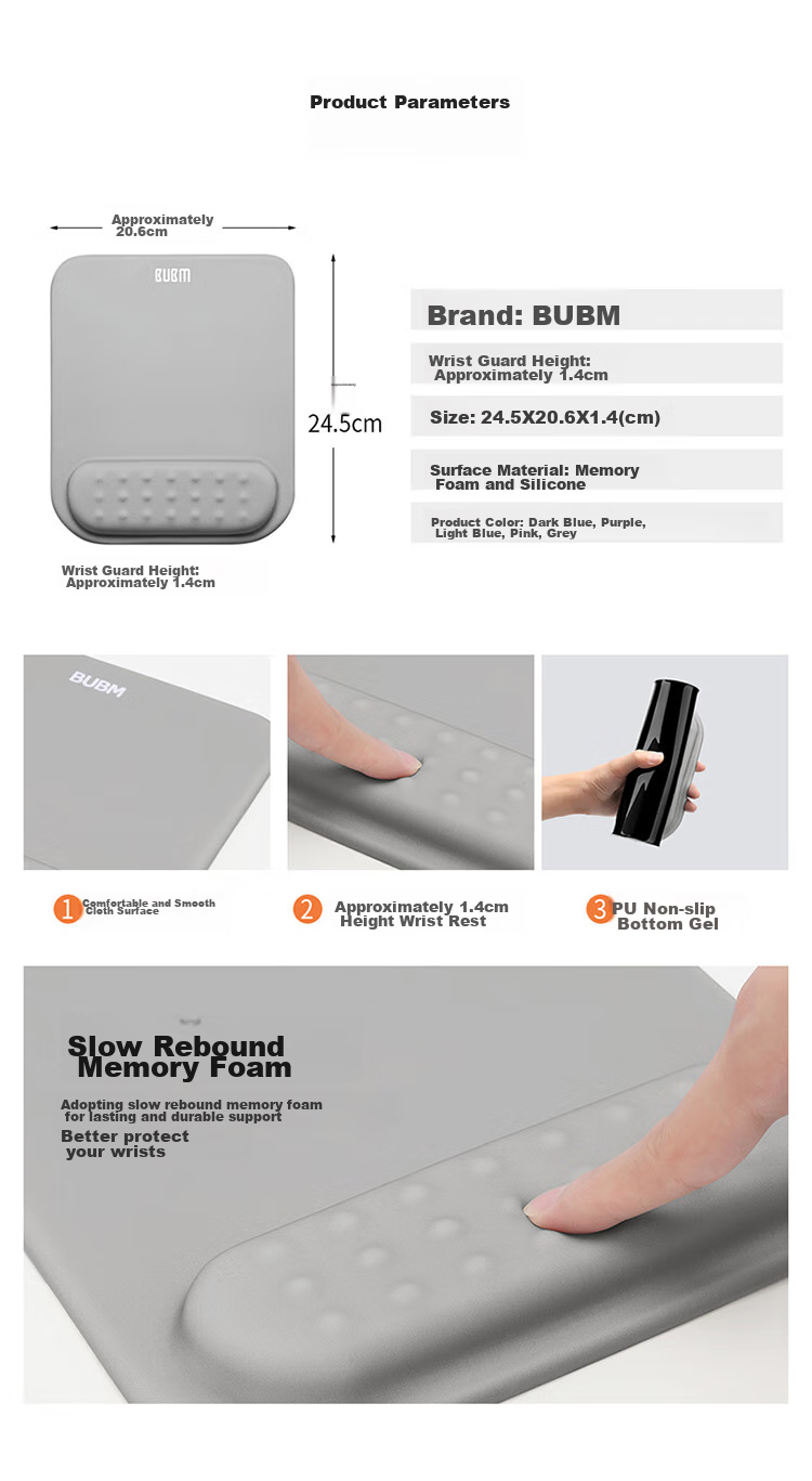 BUBM Memory Foam Mouse Pad Wrist Rest, Cute Creative Simple Silicone Laptop Mouse Wrist Support Pad, Hand And Wrist Protector for Men And Women, JSM-B Gray 3