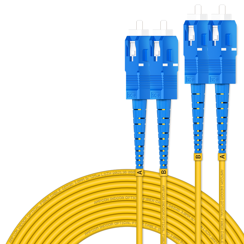 AMPCOM Fiber Optic Patch Cable SC-SC Telecom Grade 2.0mm Single-Mode Dual-Core Engineering 9/125μm Transceiver Pigtail Low Smoke Zero Halogen Indoor Cable 3 Meters ASM2SC2203