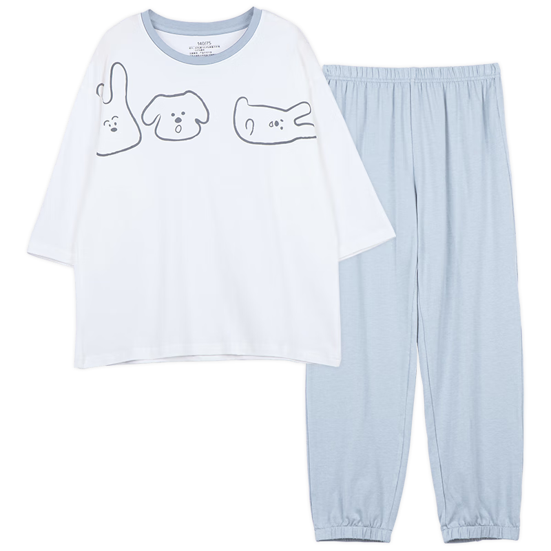 Hodo Children's Pajamas, Cotton Short-Sleeve Thin Summer Air Conditioning Wear, Boys And Girls Home Wear, Cool-Feeling Set, 3257 Misty Blue, Size 150