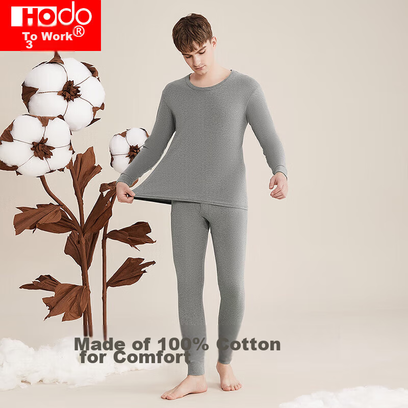 Hodo Men's Pure Cotton Thermal Underwear Set, Round Neck Thin Base Layer for Couples, Warm Inner Wear, Flax Gray