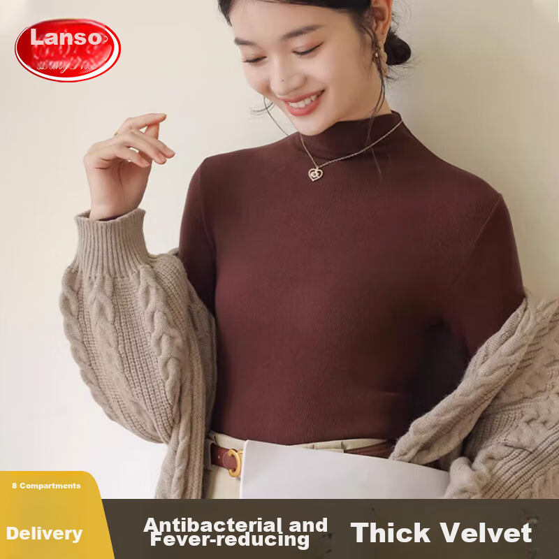 LangSha Women's Basic Base Layer, Spring And Autumn Style, Semi-Turtleneck, Solid Color Long-Sleeve Undershirt, Slim-Fit, Form-Fitting, High-Elasticity Base Shirt