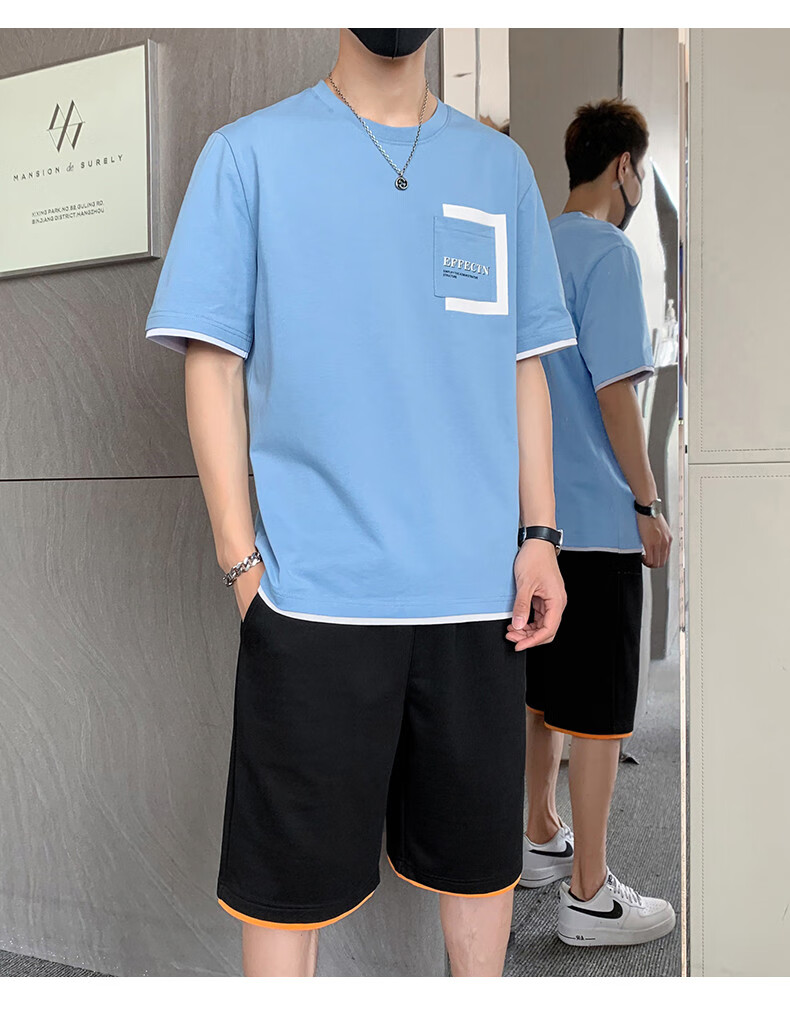 Dingfengbaoluo Men's Summer Set: Short-Sleeve T-Shirt And Shorts, Pure Cotton Lightweight Casual Sportswear KPR03 Iron Gray M 15