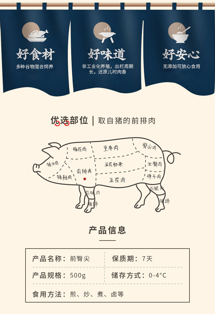 前臀尖500g 冷鲜肉 猪肉冷鲜猪肉 带皮猪腿腊肉猪腿火腿猪肉脯猪肉松