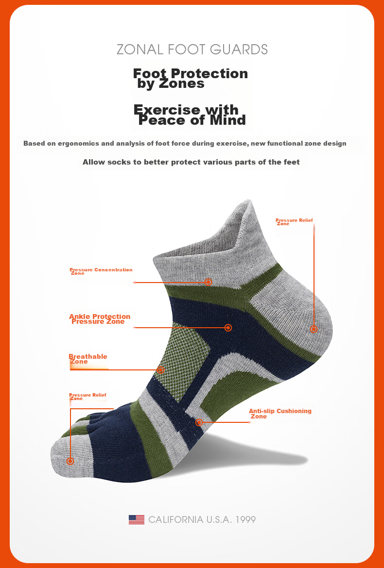 TFO Competition-Grade Outdoor Five-Toe Socks, Breathable Functional Hiking Socks, Wear-Resistant Toe Socks 2202439 Men's Blue And Orange 4