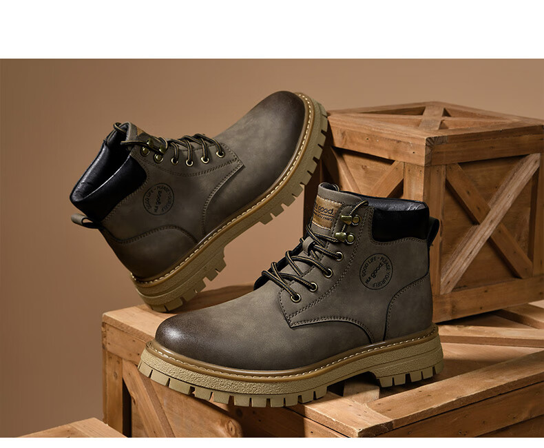 HLA Men's Vintage Martin Boots Outdoor Cotton Work Yellow Boots T121 Khaki (Fleece Lined) Size 42 11