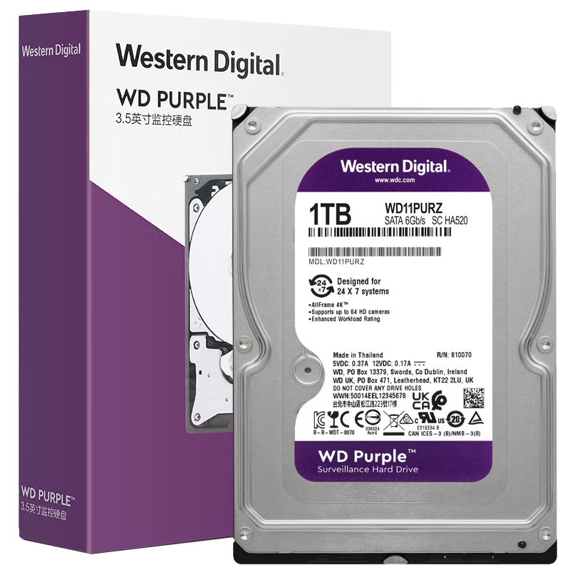 Western Digital (WD) 1TB Surveillance-Grade Mechanical Hard Drive, WD Purple, SATA 64MB CMR Vertical, Security Storage, 3.5-Inch, WD11PURZ