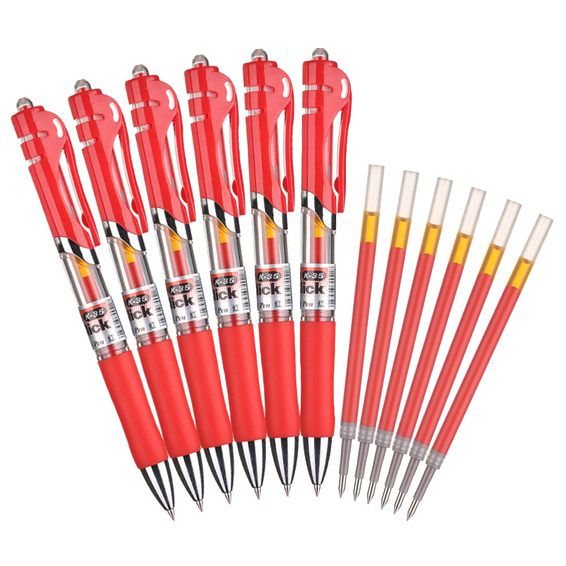 M&G Stationery K35 Retractable Gel Pen, Student 0.5mm Red Pen, Signature Pen, Business Bullet Tip, Exam-Specific Ink Pen, Office Supplies, Red Color, 6 Pens + 6 Refills