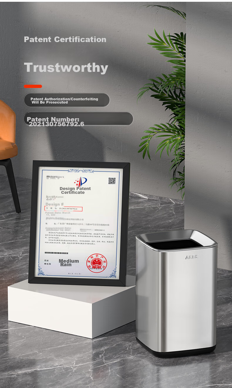 AKBK Stainless Steel Trash Can 15L Silver Large Square Bin for Living Room, Kitchen, Bathroom, Luxury Hotel, Office 5