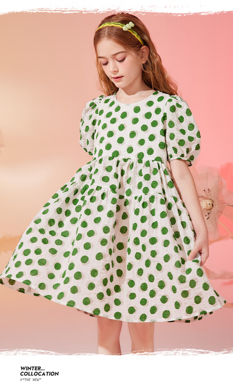 ASK JUNIOR Girls' Dress, Summer 2024 Thin Style, for Older Children, Fashionable Polka Dot Print, Pure Cotton Princess Dress, Green, Size 160 5