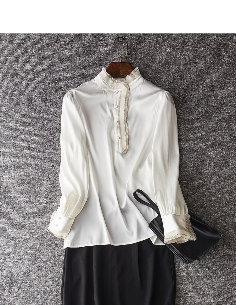 Dme [16 Mm Elastic Satin Mulberry Silk Blouse], Spring And Autumn Stand-Collar Puff Sleeve Women's Wear, Pure Silk Shirt for Wome 15