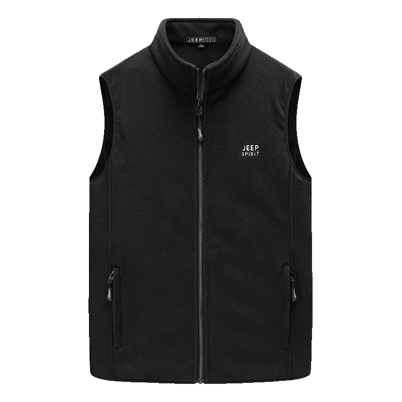 JEEP SPIRIT Men's Fleece Vest, Spring And Autumn Stand-Up Collar Sleeveless Tank Top, Men's Outerwear Jacket, Black, 3XL