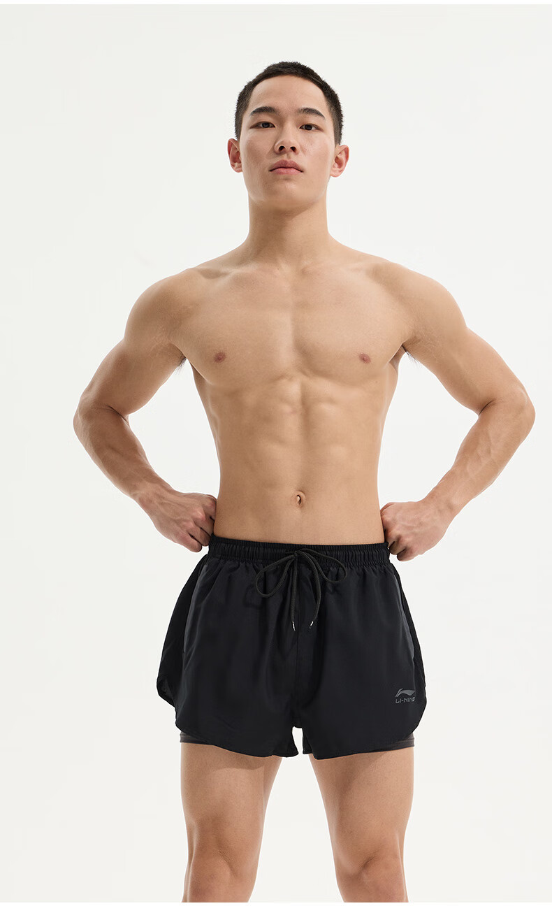 Li-Ning Swimming Trunks for Men, Double-Layer Anti-Embarrassment Swimwear Set, Comfortable High-Elasticity Water And Land Dual-Use Two-Piece Set, 02-81 Black XL 16