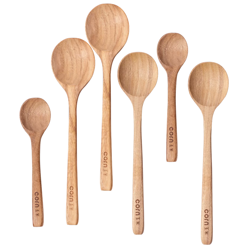 CORN Children's Wooden Spoon for Eating, Household Long-Handled Spoon, Unpainted Wooden Baby Soup Spoon, Small Round Soup Ladle