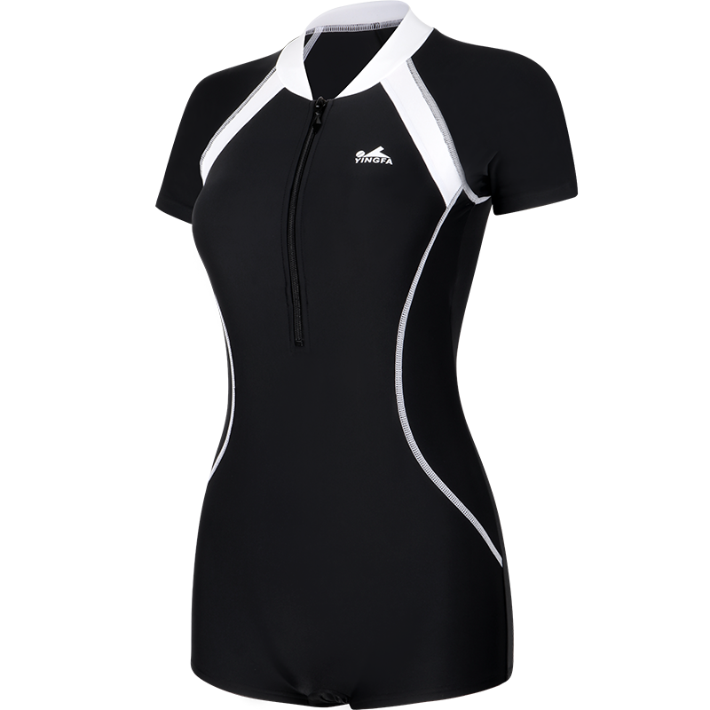 YINGFA One-Piece Boyshort Women's Swimsuit, Conservative Slimming Tummy-Covering Short-Sleeve Student Swimwear, Fashionable Athletic Swimming Costume