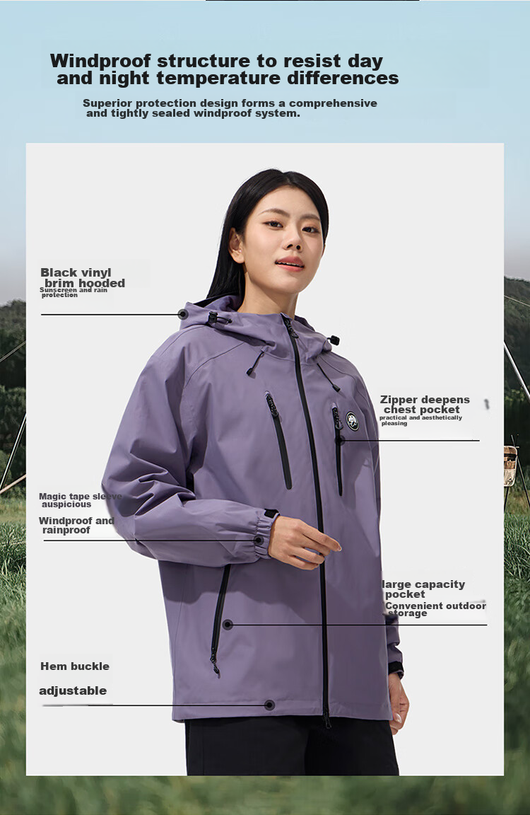 CAMEL Outdoor Single-Layer Jacket, Unisex Style, Windproof And Waterproof Mountain Series Jacket, A34BA31166, Night Purple, XL 12