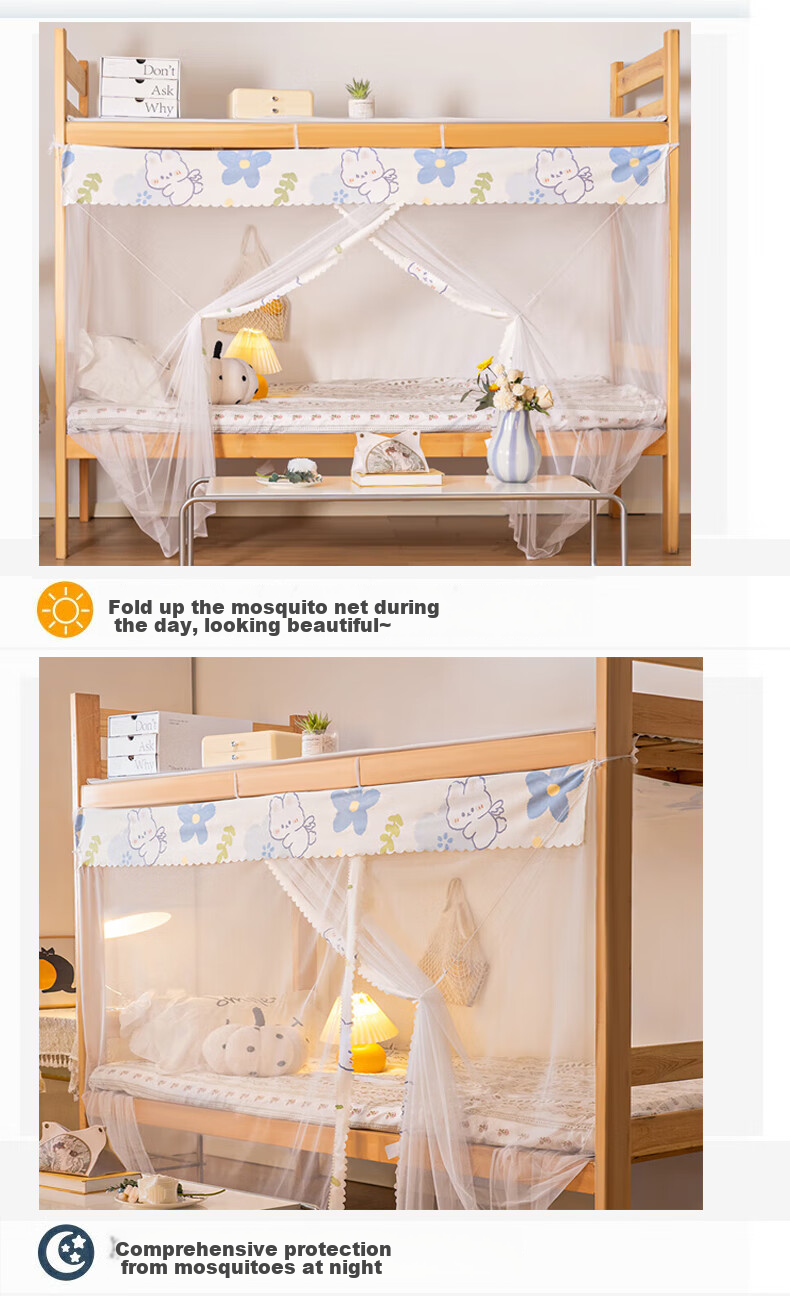 XI HAN Student Dormitory Dust-Proof Mosquito Net for 0.9m Bed, Blue Flower Rabbit Design, Dense Mesh, Suitable for Bunk Beds, Pole Not Included 5