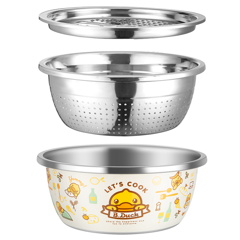 COOKER KING x Little Yellow Duck 304 Stainless Steel Bowl and Sieve 3-Piece Set Thickened Vegetable Washing, Fruit, and Dough Draining Basin
