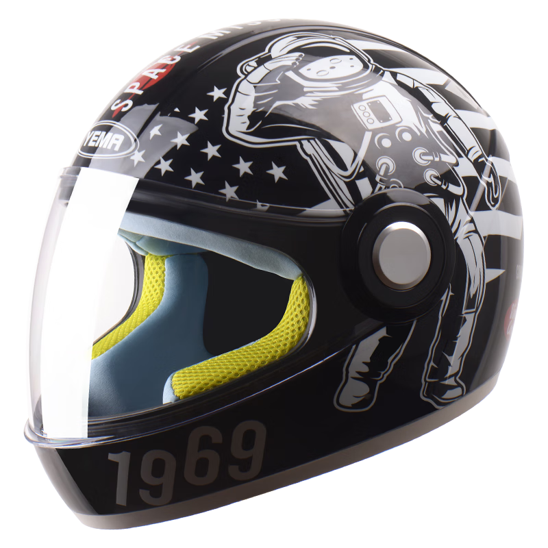 YEMA 3C Certified 236S Children's Helmet for Girls And Boys, Electric Scooter Safety Helmet, Winter Warmth, All-Season Universal Motorcycle Full-Face Helmet, Glossy Black Retro Astronaut Style with Clear Visor