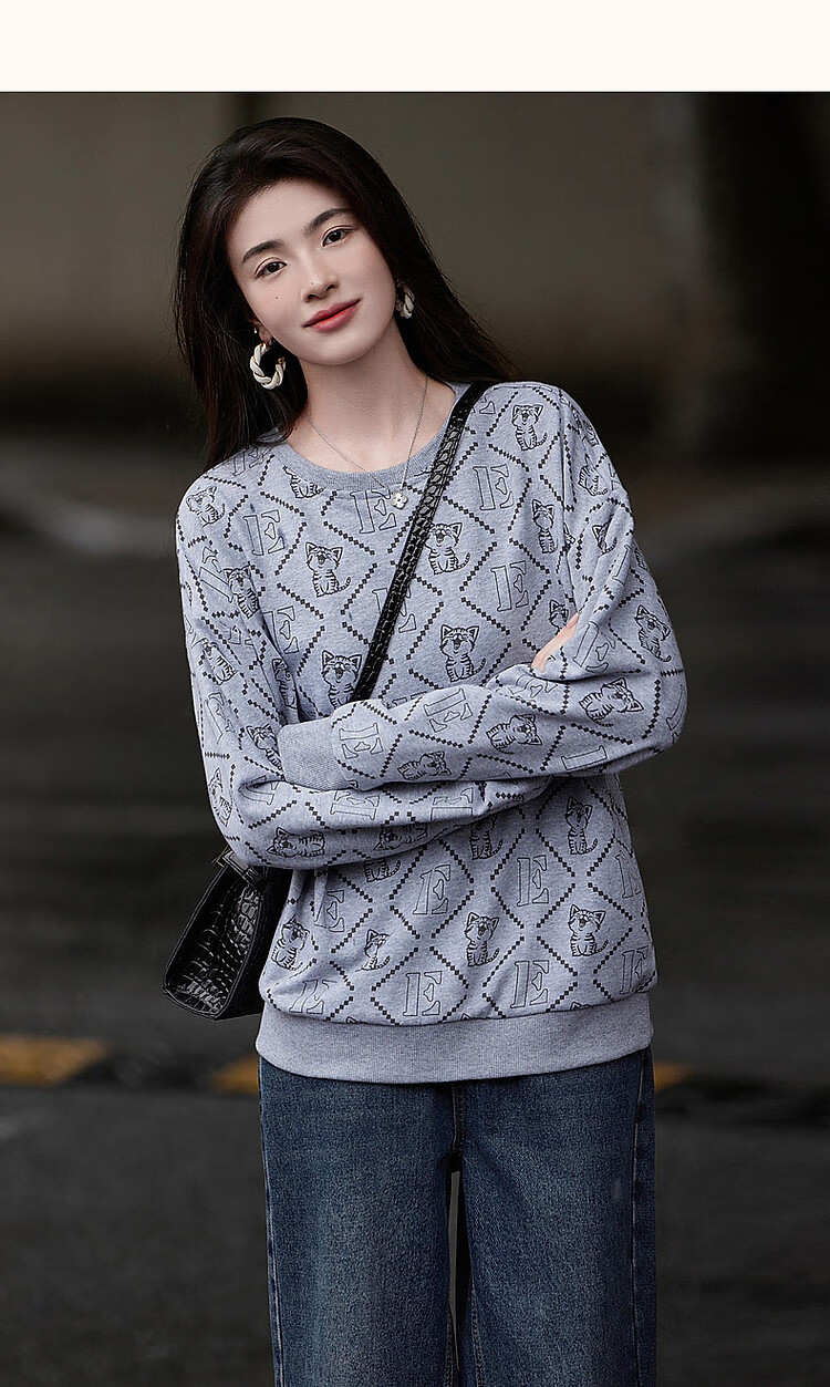 Dme [Cotton Printed Sweatshirt], Spring And Autumn Round Neck Loose Drop Shoulder Long Sleeve Slightly Stretchy Sweatshirt for Women, Flax Gray, M 16