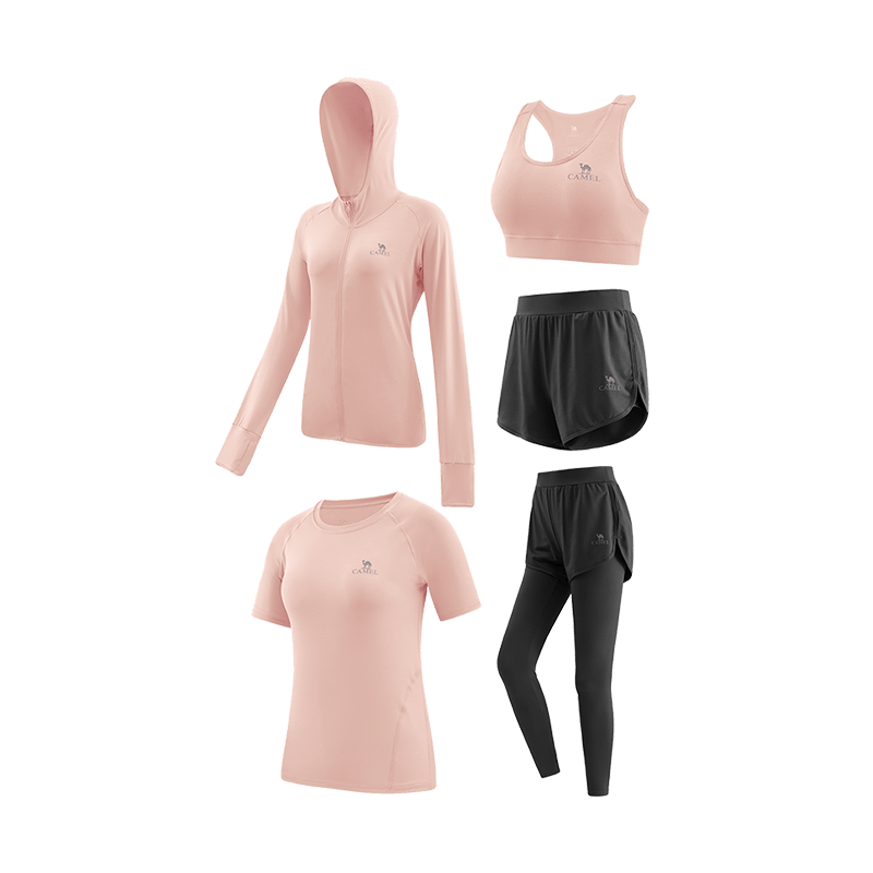 CAMEL Women's Sportswear Set, New Yoga Fitness Pilates Elastic Short-Sleeve Shorts And Pants Five-Piece Workout Outfit
