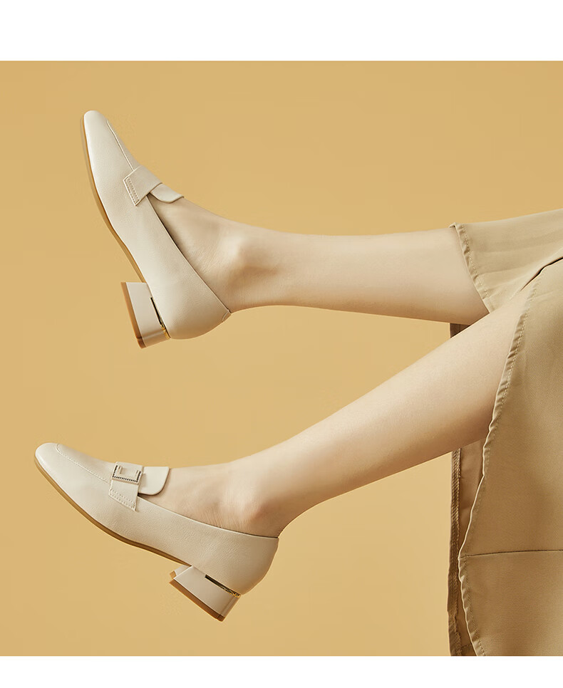 DAPHNE Women's Single Shoes, Retro Square Toe with Buckle Loafers, Chunky Heel Slimming Slip-On Commuter Shoes 4623101007 Beige 39 9
