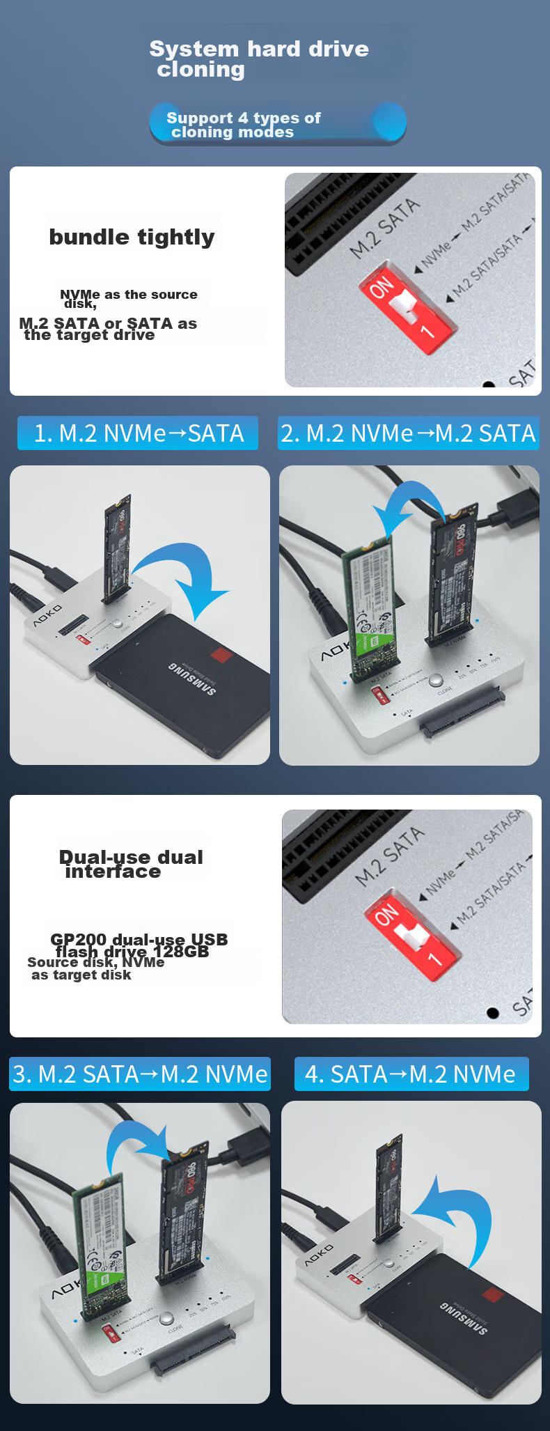 AOKO NVMe to SATA SSD Cloner, M.2 Cross-Protocol Cloning Base, Data Copier, 2.5/3.5-Inch Mechanical Hard Drive Cloner, NVMe Cloning Device, MM28SL 3