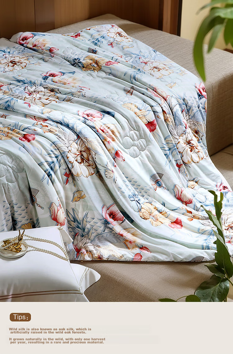 FUANNA Yumingshun 100% Silk Comforter for Winter, Single Warm Thick Duvet Insert, 4 Jin (2kg), 152*210cm, Gree 8