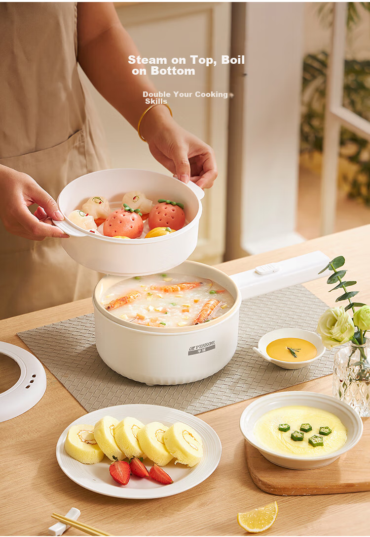 PESKOE Titanium Coated Electric Cooking Pot 1.6L Electric Hot Pot Electric Frying Pan Small Electric Pot Multifunctional Hot Pot Noodle Cooker GY-001 5