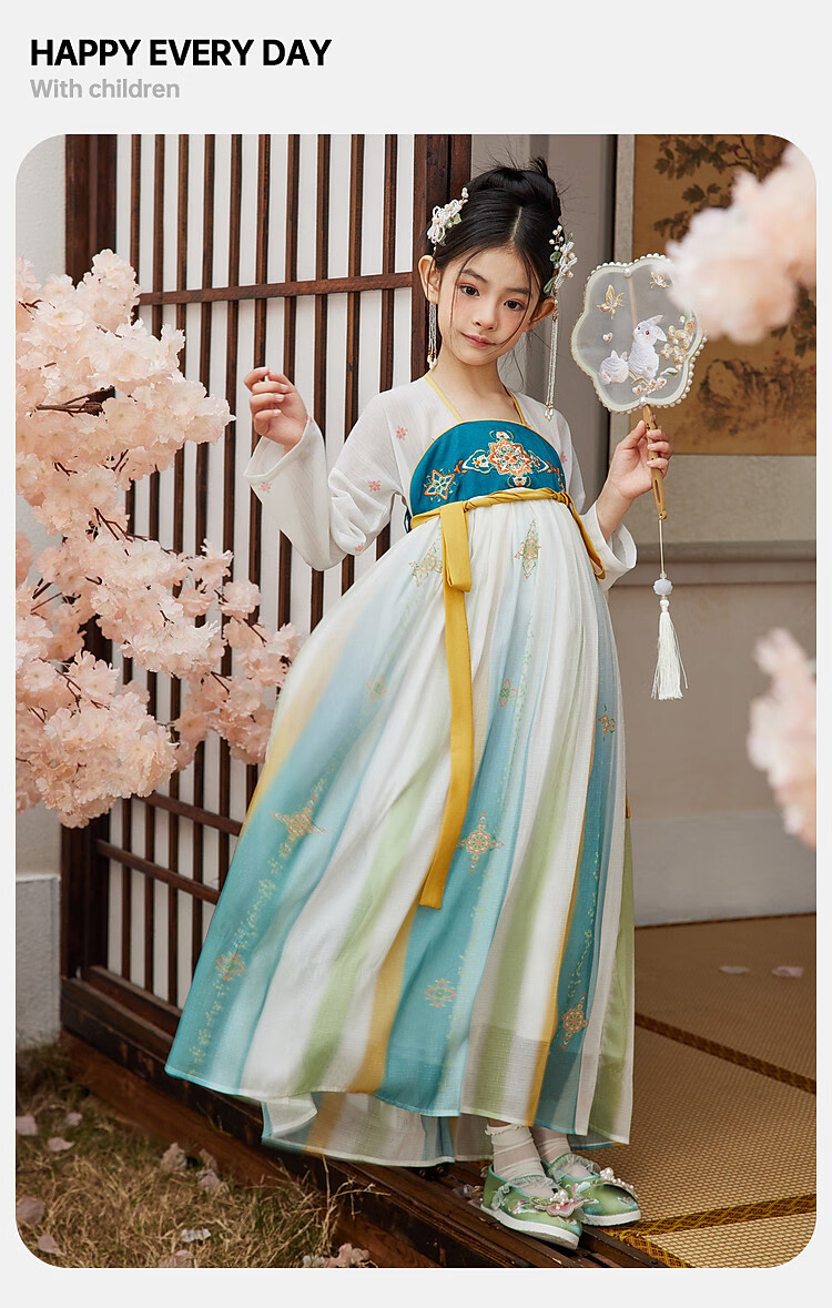 ASK JUNIOR Children's Dress Girls' Princess Dress Summer Dress for Older Children Chinese Style New Hanfu Dress Green 160 6
