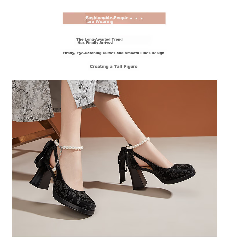 DAPHNE Chinese Style Dress Shoes for Women, Chunky Heel Heightening Black High Heels Wedding Shoes Mary Jane Shoes, Black, Size 37 2