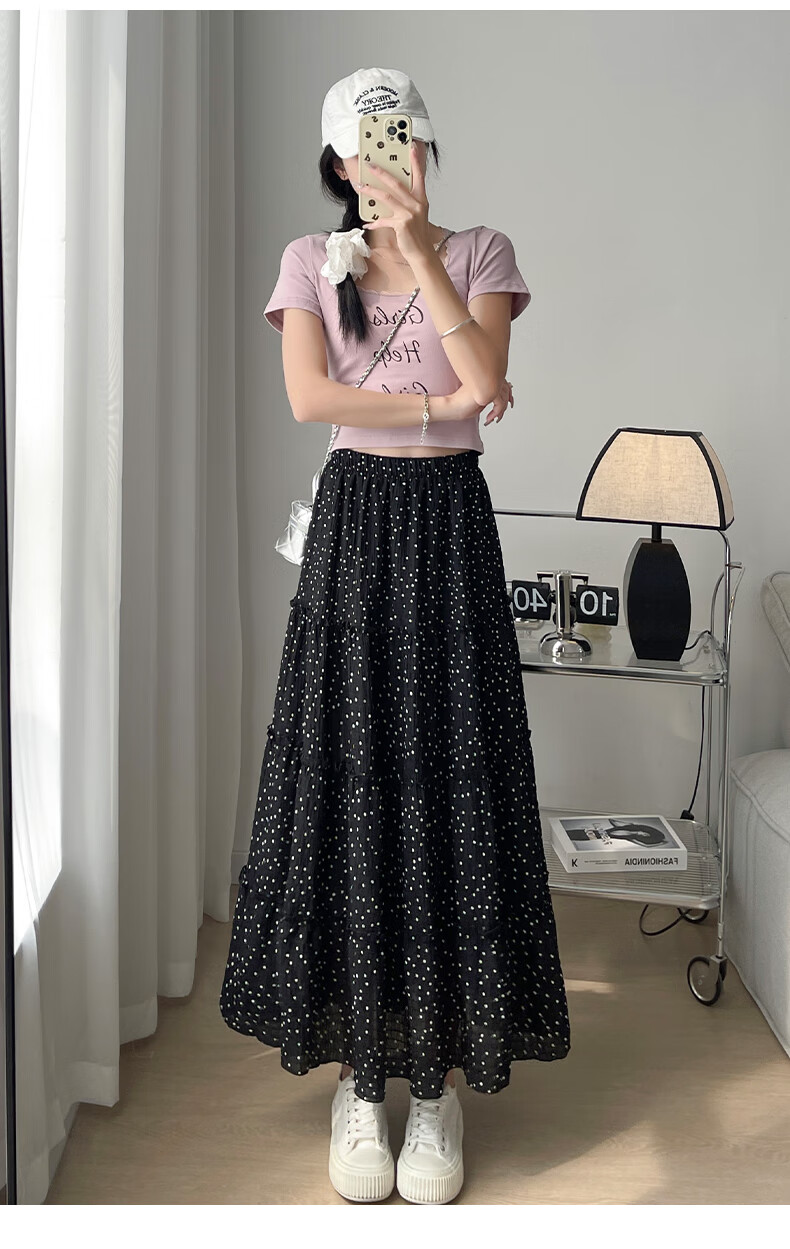 Langsha French Style White High-Waist Elastic Waist A-Line Polka Dot Long Skirt Japanese Style Cake Skirt for Women 2026 Summer 16