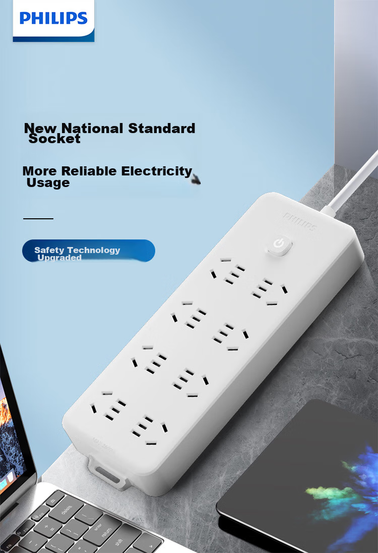 PHILIPS New National Standard Power Strip with 6 Outlets And Combination Holes, Overload Protection, Master Switch, 2.8m Extension Cord for Children's Safety, Dormitory Power Strip/Extension Cord/Power Board 1