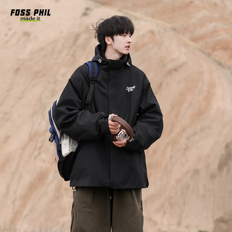 Foss Phil Workwear Jacket for Men And Women, Autumn And Winter Outdoor Windbreaker, Casual Loose Mountaineering Coat FPJK3 Black 3XL