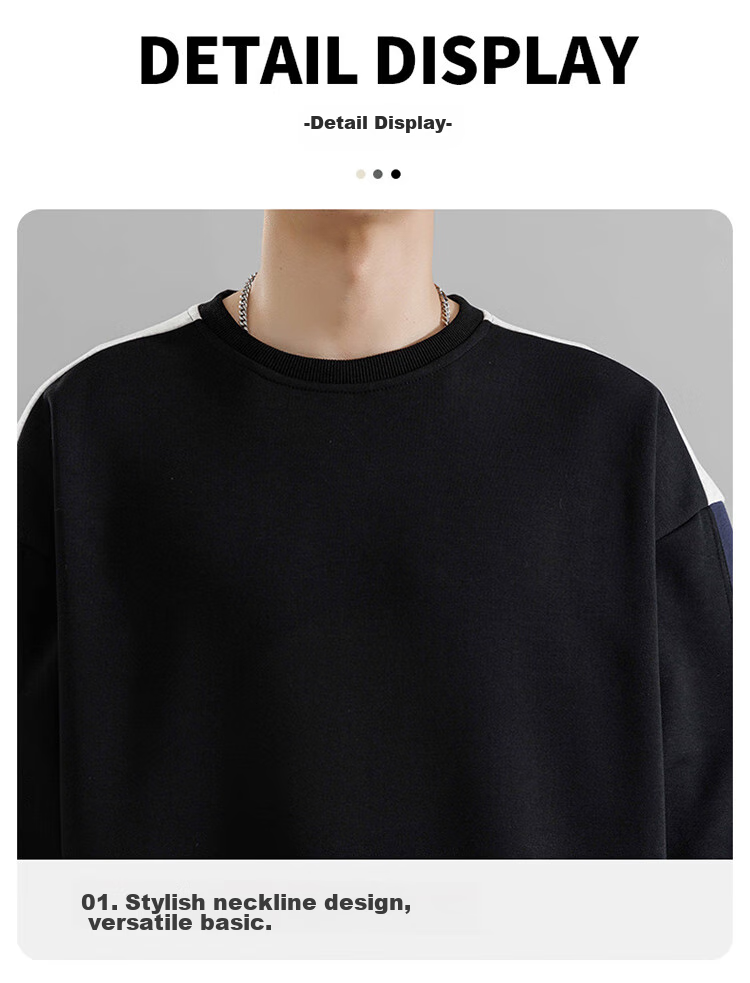 Foss Phil Crew Neck Sweatshirt for Men, Spring And Autumn Loose Casual Patchwork Color-Block Trendy T-Shirt Top 8883 Black M 14
