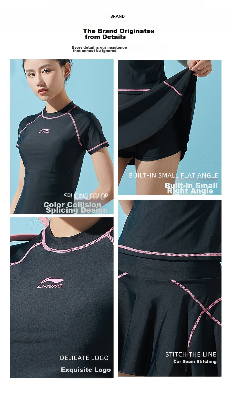 Li-Ning Women's Swimsuit, Fashionable Two-Piece Conservative Design, Tummy Control, Slimming, Sexy, Push-Up for Small Chest, Hot Spring Swimwear 507, Black XL 9