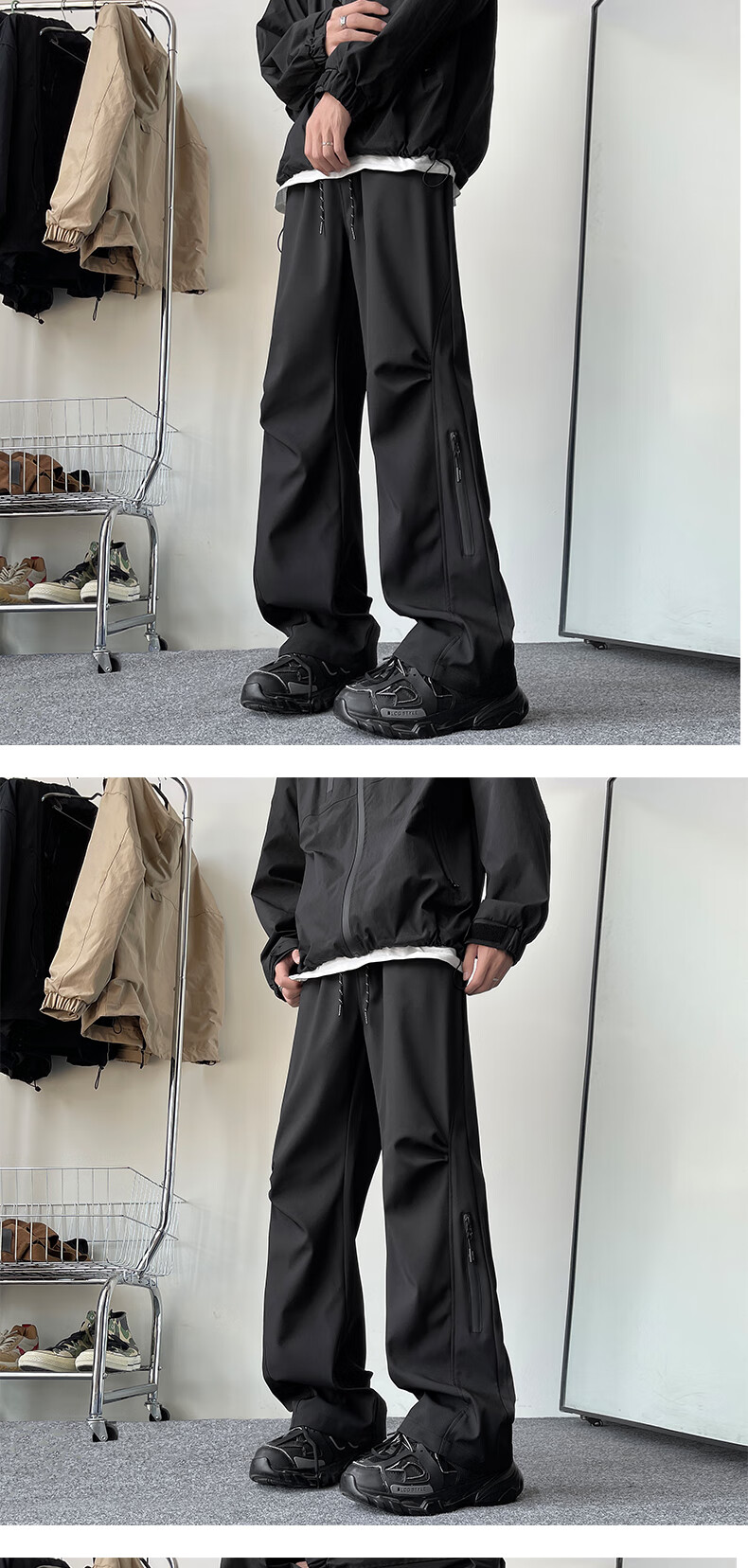 IZEXX Mountain-Style Water-Repellent Casual Pants for Men, Summer Straight-Leg Wide-Leg Outdoor Paratrooper Cargo Trousers IZ37 Black M 9