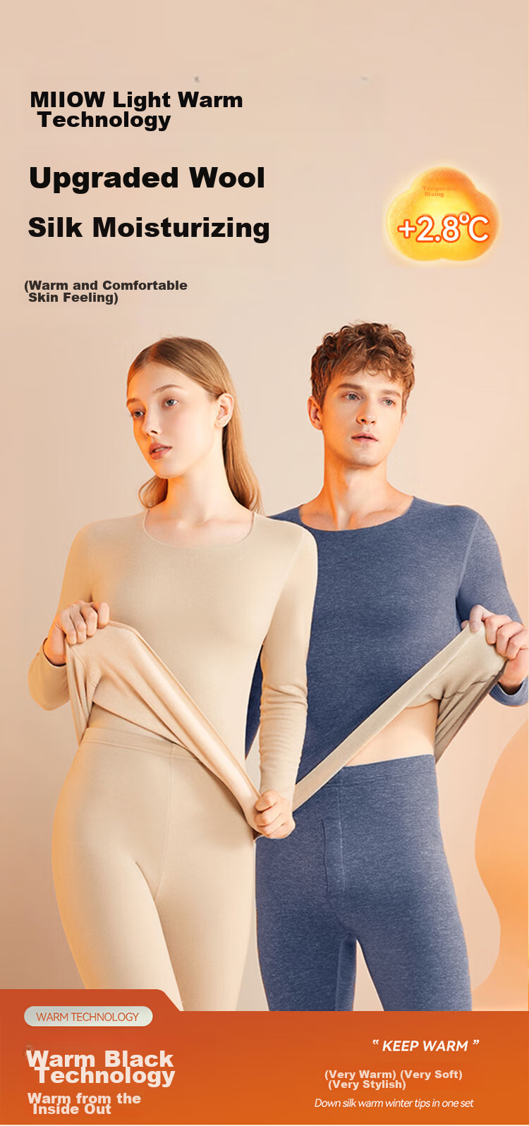 MiiOW New Men's Thermal Underwear, German Wool Heating, Contains Wool And Silk, Antibacterial, Seamless Autumn Top And Pants, Black, XL 1