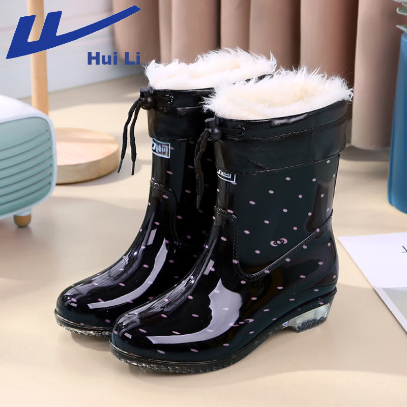 Huili Women's Mid-Calf Waterproof Rubber Boots, Fleece-Lined for Warmth, Rain Boots, Overshoes, Model 6523, Black, Size 40