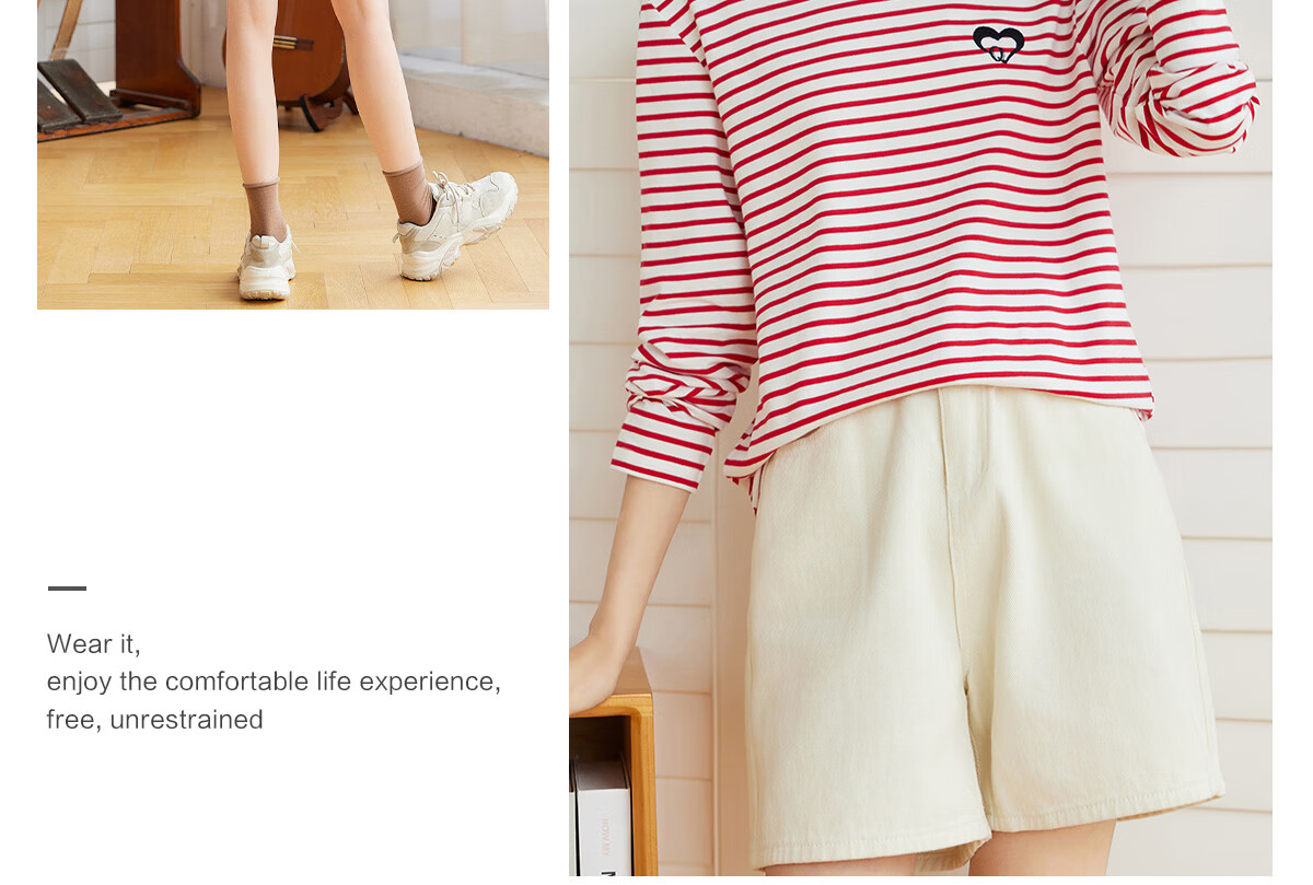 Halo Queen Long-Sleeve T-Shirt for Women, Spring And Autumn Round Neck, Heart Embroidery Striped Base Shirt, Casual Fashion Top, New Product H143T2005 50