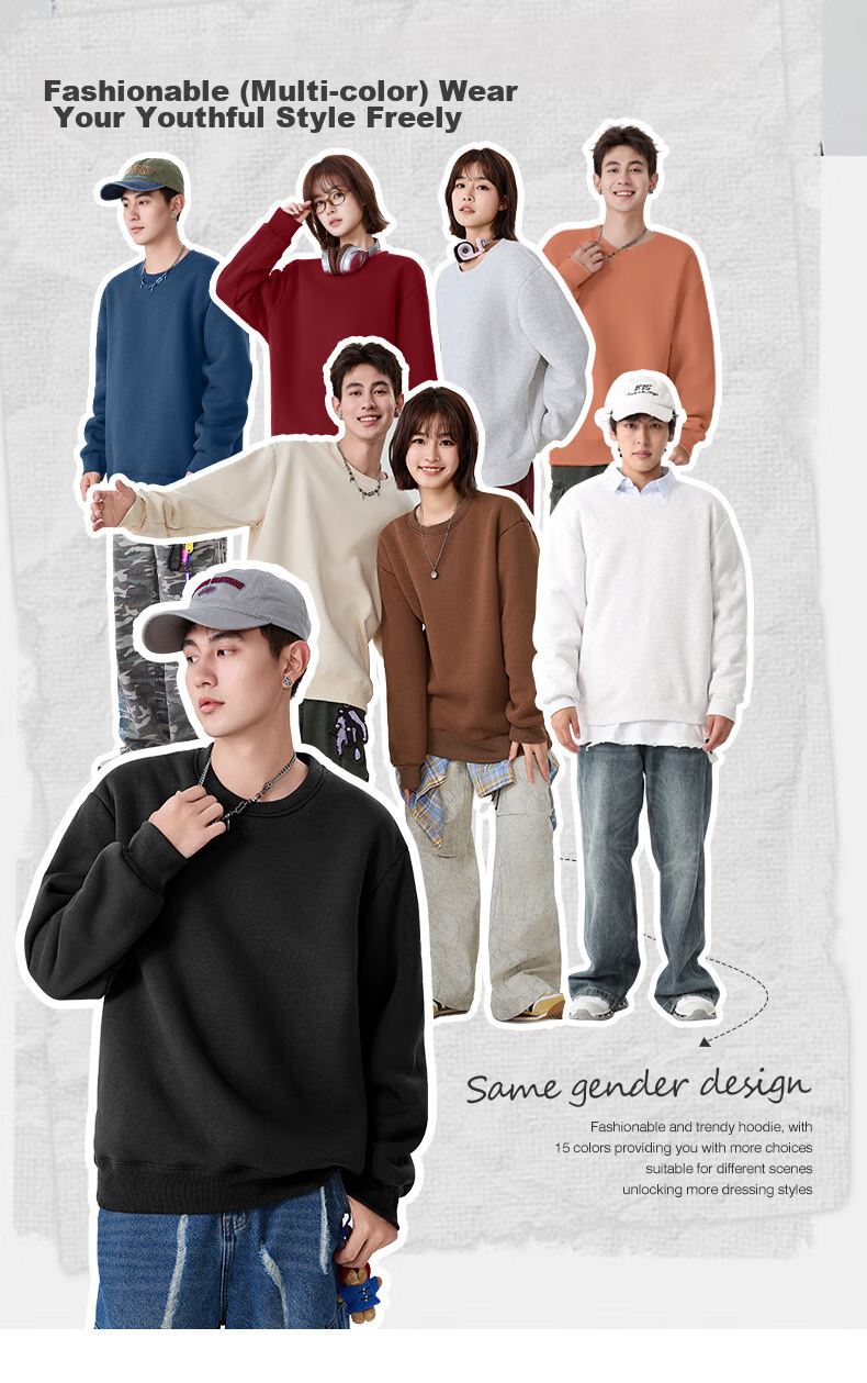 Baleno Sweatshirt for Men, Winter Trendy American Retro Round Neck Men's Jacket, Loose Thick Fleece-Lined Warm Youth Long-Sleeve 6