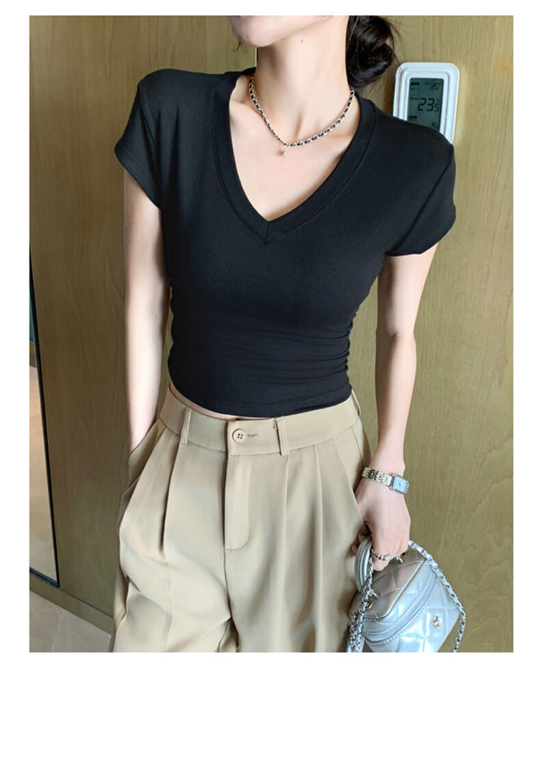 XUEXIMAN Women's Summer T-Shirt, Stylish And Simple Design, Slim Fit with Waist-Cinching V-Neck, Wrinkled High Cotton Short Sleeves for Wome 17