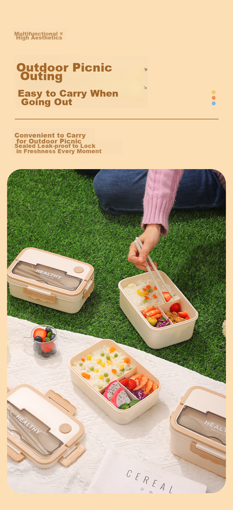 Guangyi Microwave Lunch Box, Large Capacity Student Plastic Bento Box, Food Storage Container with Utensils, 1500ml, GY8539 10