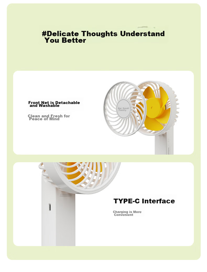 Bear Handheld Fan, Small Portable USB Fan for Office, Student Desk, Dorm, Low Noise, Personal Use, Three-Speed Adjustable, Wireless Charging Battery Model 9