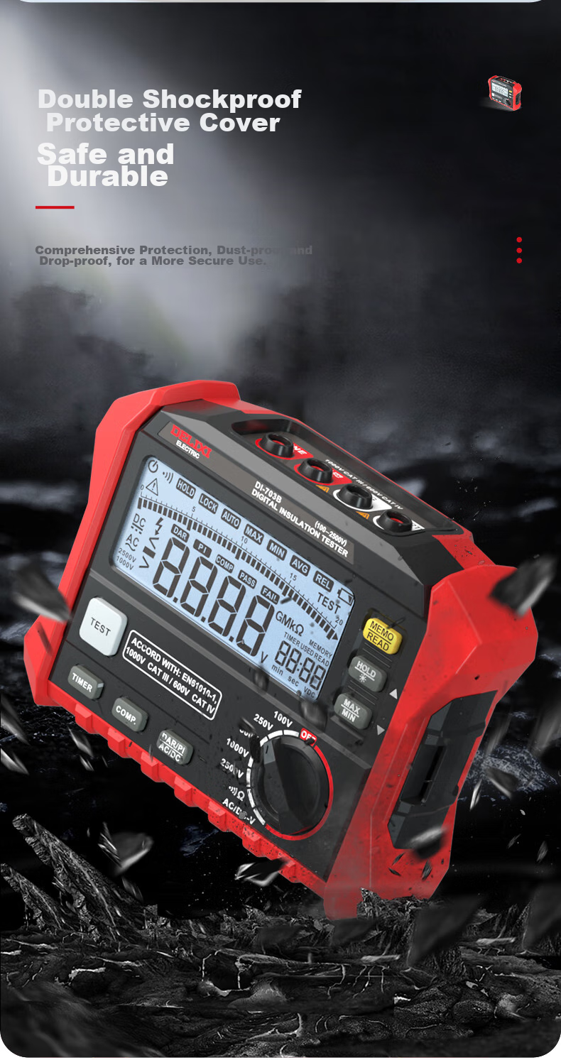DELIXI ELECTRIC Digital Insulation Resistance Tester, Digital Megohmmeter, Electrical Insulation Meter, 703B 16
