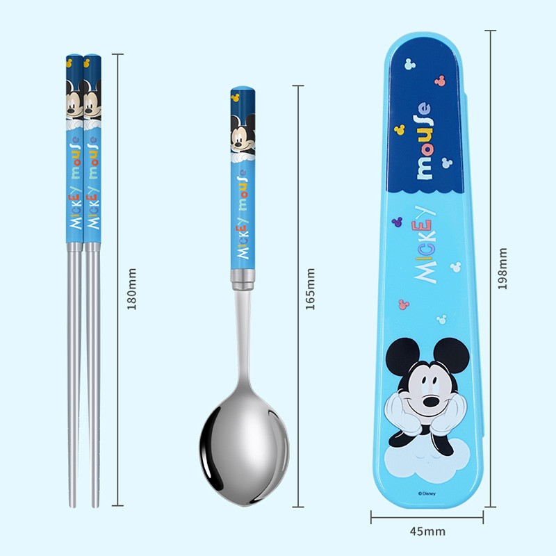 Disney Children's Stainless Steel Chopsticks and Spoon Set with Storage Box for Kids and Elementary Students, 3-Piece Set