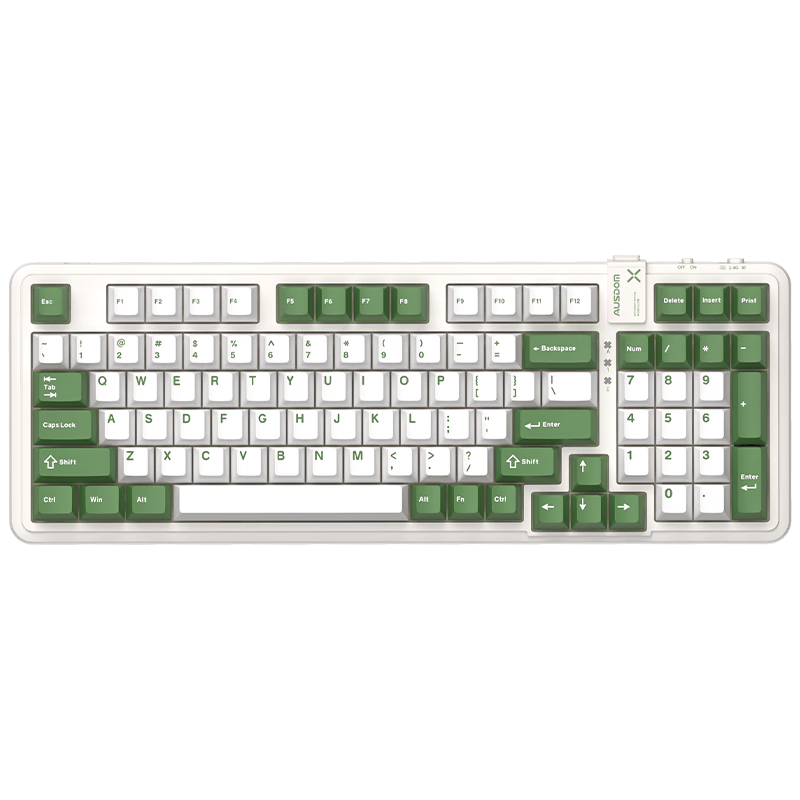 AUSDOM 98Pro Silent Wireless Mechanical Keyboard, Gaming And Office Use, Three-Mode Bluetooth Low Latency, Customizable Keyboard, Full Anti-Ghosting Hot-Swappable Gasket Structure, 98 Keys - Green And White